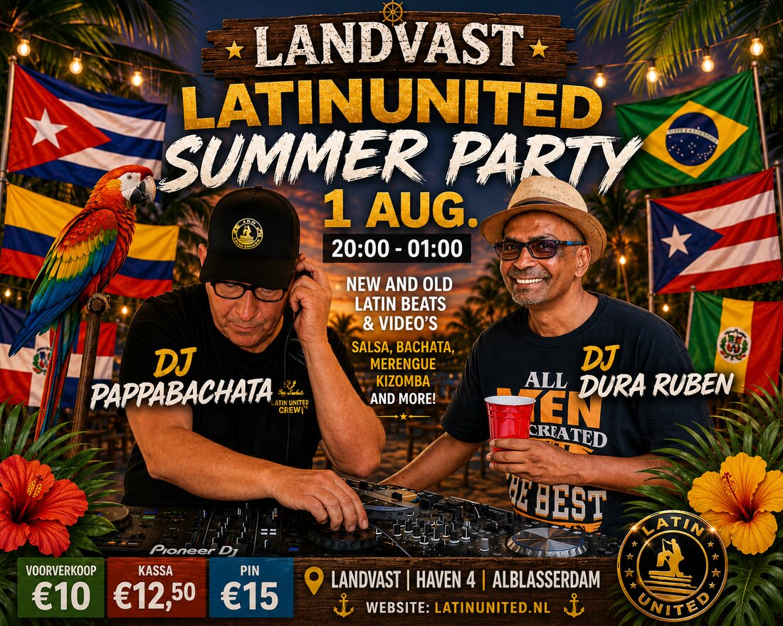 Flyer van de Landvast Latin United Summer Party op 1 augustus met DJ Pappabachata en DJ Dura Ruben